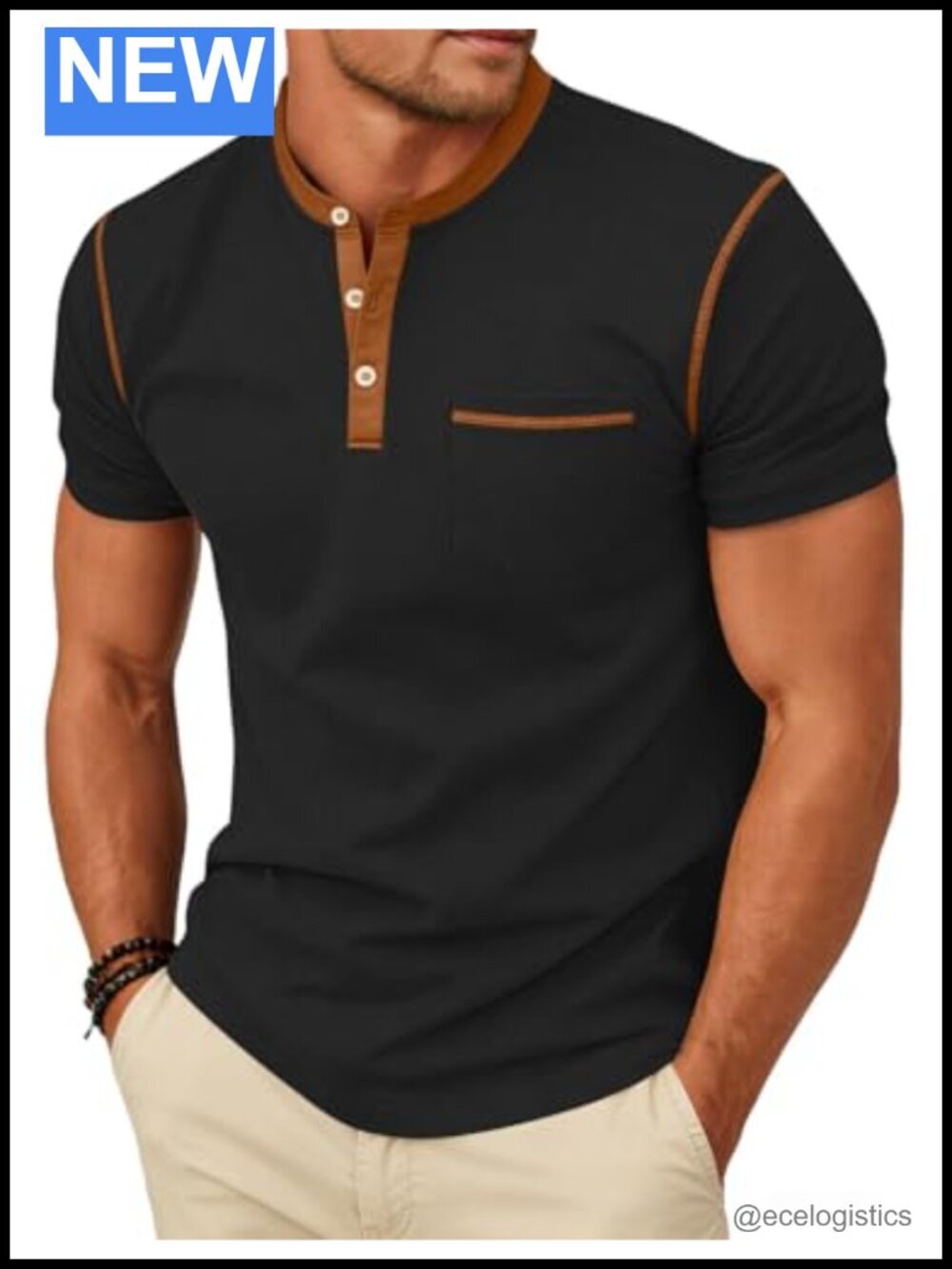 Men's Casual Short Sleeve Henley Shirt Patchwork Color Block Tee